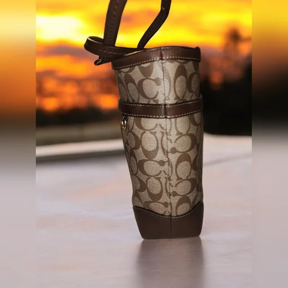 Coach Brown Signature Stripe Canvas Satchel with Gold Accents - Picture 6 of 7